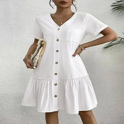 Damen Lässiges Baumwollleinen V-Ausschnitt Einreihiges Kleid Mit Taschen Sommer Kurzarm Volants Locker Midikleid