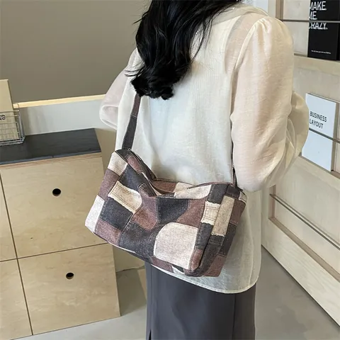 Vintage Denim Patchwork Umhängetasche Für Damen Casual Schachbrettmuster Crossbody Bag Große Kapazität Baumwolle Pillow Tote