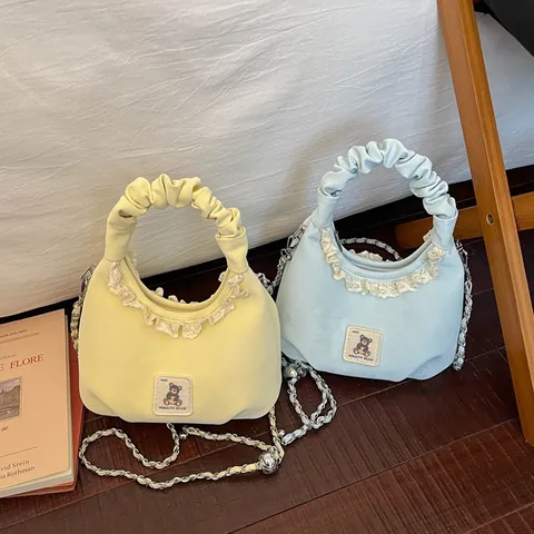 Dames Geplooide PU Leren Handtas Met Kantrand En Berenpatch Schattige Koreaanse Stijl Schoudertas Voor Dagelijks Gebruik