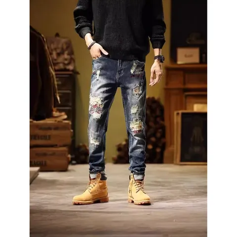 Jeans Déchirés Homme Vintage Américain Streetwear Coupe Droite Ajustée Stretch Patchwork Brodés Pantalons en Denim Lavés