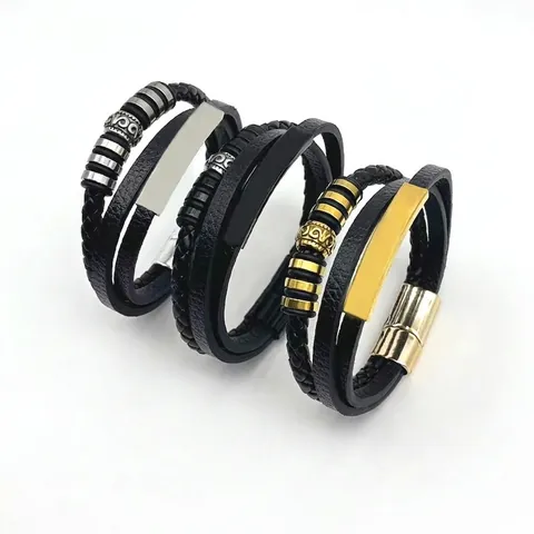 Bracelet Homme Vintage Multicouche en Cuir Tressé Avec Boucle Magnétique en Acier Inoxydable Bijoux de Mode Faits à la Main Cadeau