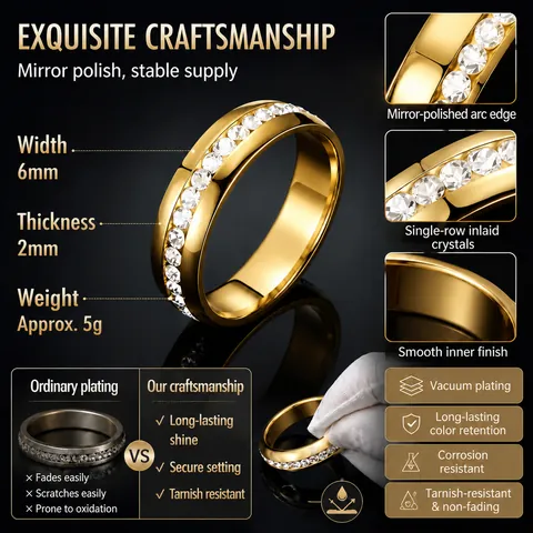 Stainless Steel Rhinestone Band Ring For Men Women Minimalist Eternity Ring Western Fashion Jewelry Finger Ring