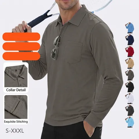 Mens Long Sleeve Polo Shirt Tactical Outdoor Quick Dry Breathable Bird Eye Mesh Solid Color Lapel Top With Pocket