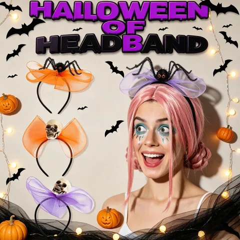 Cerchietto Halloween Teschio Ragno Fiocco In Rete Accessori Capelli Festa Cosplay Costume Bambini Adulti