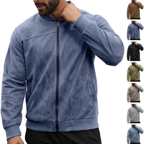Men Casual Suede Jacket Bomber Style Zipper Stand Collar Long Sleeve Ribbed Cuffs Solid Color Outerwear