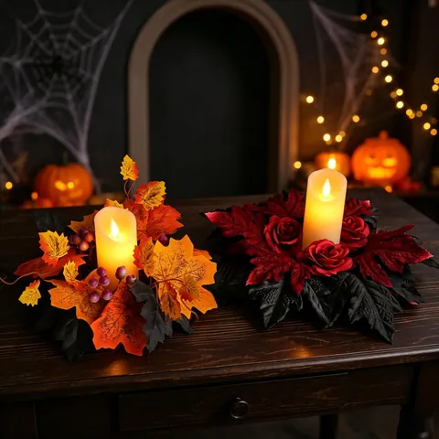 Anillo de Vela de Hoja de Arce y Rosa Artificial Para Halloween Acción de Gracias Decoración Gótica Vintage Mesa Fiesta