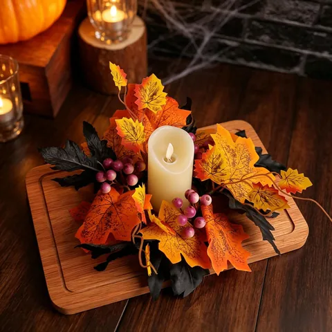 Anillo de Vela de Hoja de Arce y Rosa Artificial Para Halloween Acción de Gracias Decoración Gótica Vintage Mesa Fiesta