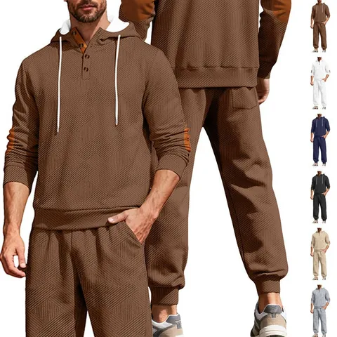 Sweat À Capuche Et Pantalon Homme Jacquard Texturé Motif Géométrique Patte Boutonnée Henley Patchs Coudes Sport Casual Streetwear