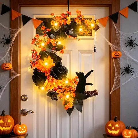 Corona Gatto Luna Halloween Rose Artificiali Arancione Nero Con Luci LED Decorazione Da Parete Gotica