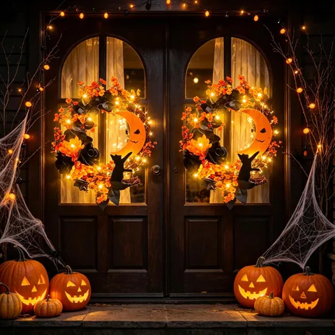 Corona Gatto Luna Halloween Rose Artificiali Arancione Nero Con Luci LED Decorazione Da Parete Gotica