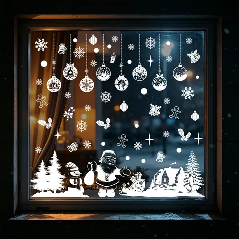Christmas Window Stickers Static Clings White PVC Santa Reindeer Snowflakes Decals For Glass Door Shop Home Decor