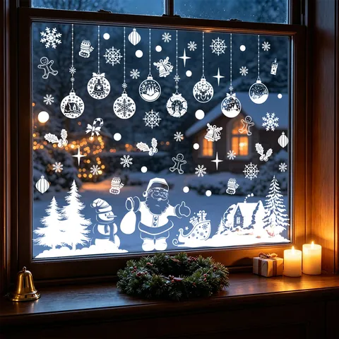 Christmas Window Stickers Static Clings White PVC Santa Reindeer Snowflakes Decals For Glass Door Shop Home Decor