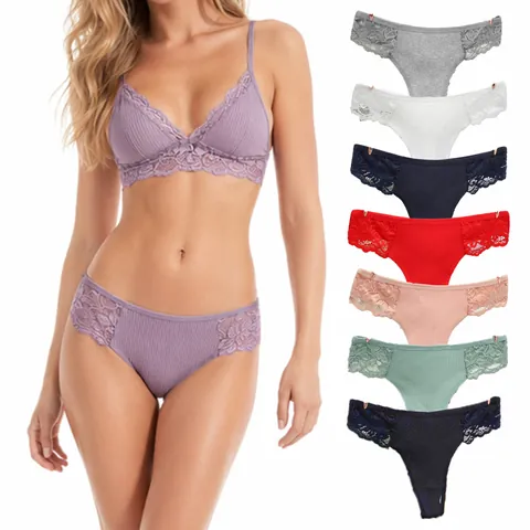 Culotte String Pour Femmes Coton Côtes Dentelle Patchwork Taille Basse Respirant Sous-vêtements Sexy Doux