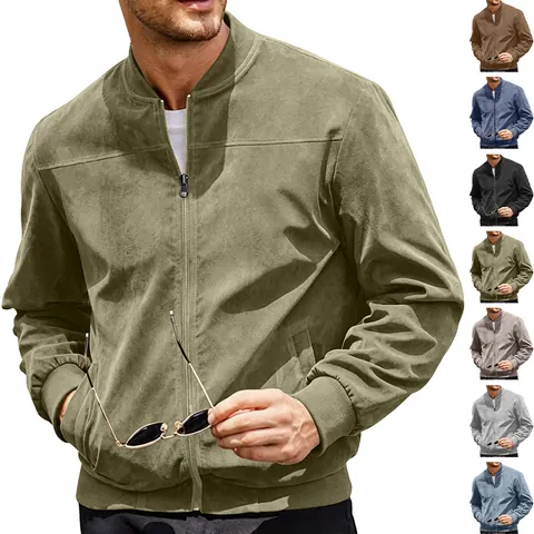 Veste Bomber En Suède Pour Hommes Fermeture Éclair Col Montant Bordure Côtelée Décontractée Couleur Unie