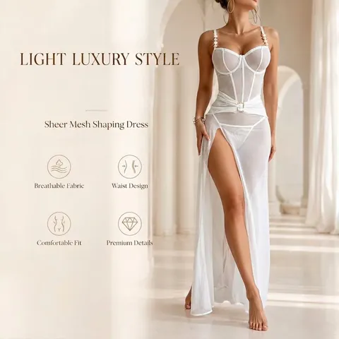 Camisón de Malla con Perspectiva Sexy para Mujer Vestido de Poliéster con Abertura Alta con Hebilla de Diamantes y Tirantes de Perlas Artificiales
