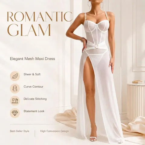 Camisón de Malla con Perspectiva Sexy para Mujer Vestido de Poliéster con Abertura Alta con Hebilla de Diamantes y Tirantes de Perlas Artificiales