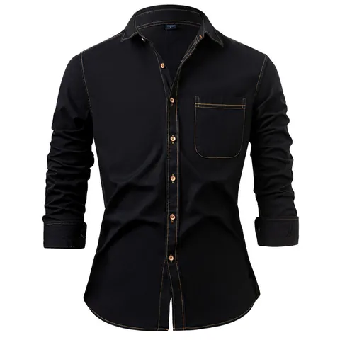 Camicia di Jeans in Cotone American Retro da Uomo Non Stirabile Casual a Maniche Lunghe Tinta Unita Vestibilità Slim con Tasca sul Petto Top per Uomo