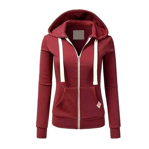 Women's Casual Polyester Zip Up Hoodie Long Sleeve Slim Fit Hooded Sweatshirt Solid Color Basic Outerwear Drawstring Pockets