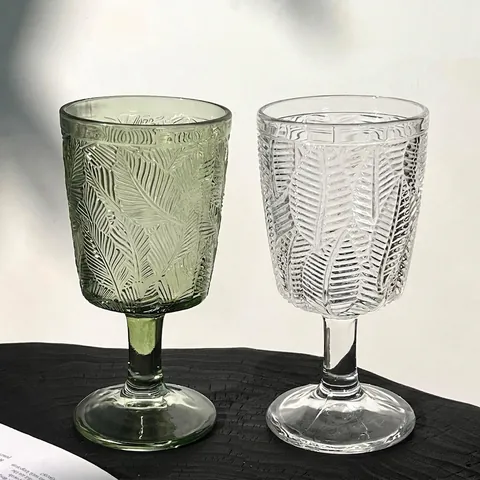 Copa De Cristal Con Relieve De Hojas Estilo Retro Francés Elegante Copa De Vino Verde Y Transparente Cristalería De Estilo Ins