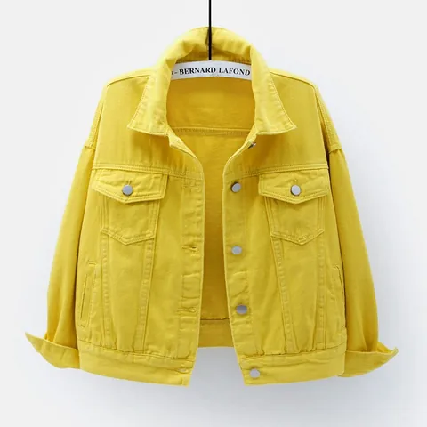Damen Casual Oversize Jeansjacke Einfarbig Gewaschene Baumwoll Denim Jacke BF Stil Langarm Revers Einreihige Jacke
