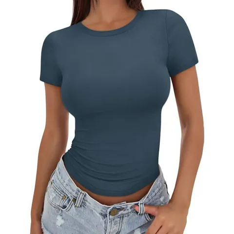 Camiseta de Verano Ajustada para Mujer Cuello Redondo Manga Corta Color Sólido Top Básico Elástico Casual Suave Ligero