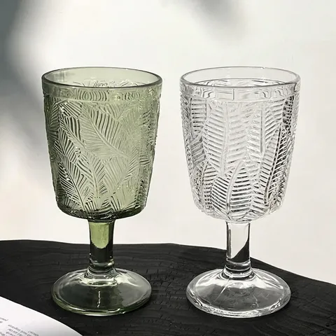 Copa De Cristal Con Relieve De Hojas Estilo Retro Francés Elegante Copa De Vino Verde Y Transparente Cristalería De Estilo Ins