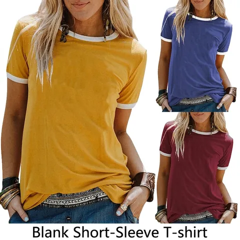 Γυναικείο Casual T-Shirt από Μείγμα Βαμβακιού με Αντίθεση Περίγραμμα Κοντό Μανίκι Στρογγυλή Λαιμόκοψη Χαλαρή Εφαρμογή Καλοκαιρινά Tops