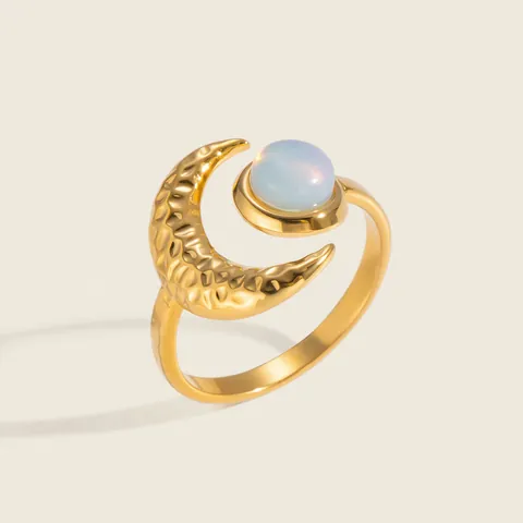 Anillo de Luna Martillada de Acero Inoxidable Chapado en Oro de 18K Con Perla Artificial Incrustada para Mujer Dulce Anillo Abierto Ajustable Joyería
