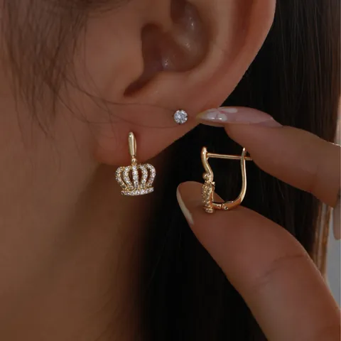 Luxury Copper Zirconia Crown Hoop Earrings For Women Gold Plated Elegant Minimalist Korean Fashion Jewelry Daily Accessories