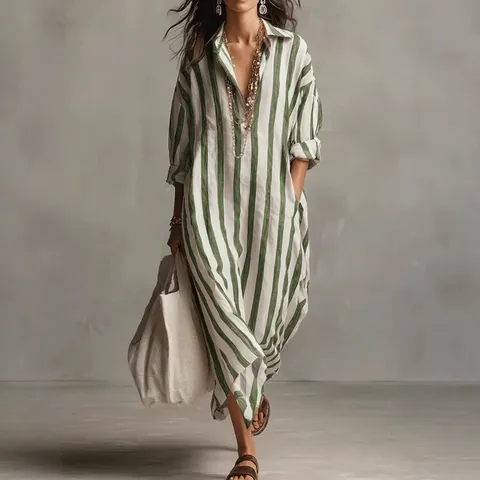 Women Casual Striped Shirt Dress V Neck Three Quarter Sleeve Loose Maxi Dress With Pockets Fashion Vacation Long Dress