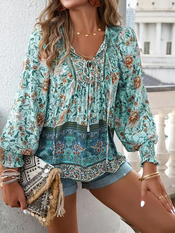 Γυναικεία Μποέμ Μπλούζα με Floral Print Λαιμόκοψη V και Δέσιμο Μακρύ Μανίκι Casual Διακοπές Χαλαρό Τοπ από Πολυεστέρα