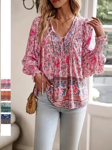 Bohemian Print Viscose Blouse For Women V Neck Tie Front Long Sleeve Smocked Cuff Vacation Casual Boho Top Fashion