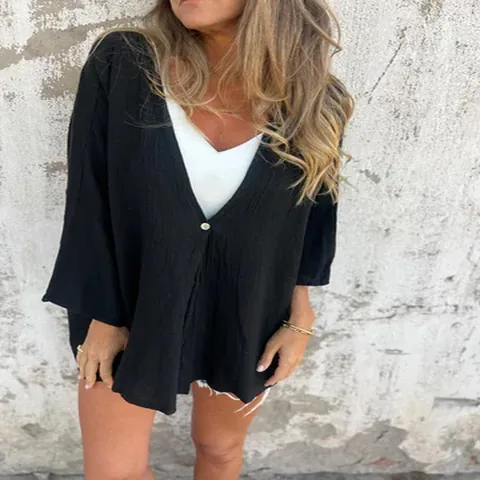Blusa Informal con Cuello en V para Mujer Camisa de Poliéster Crinkle Cárdigan de un Botón Top de Manga Larga
