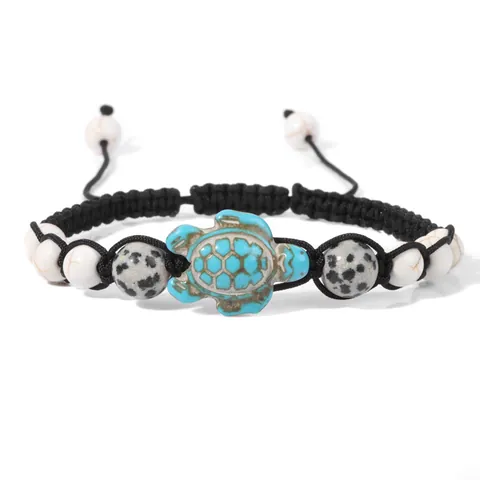 Natural Stone Turquoise Sea Turtle Bracelet Woven Bohemian Ethnic Adjustable Rope Wrap Bangle Women Men Jewelry Gift