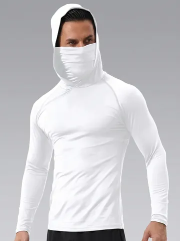 Heren Sneldrogende Zonbescherming Hoodie Met Masker Slim Fit Lange Mouw Vissersshirt Outdoor Sportkleding Polyester Top
