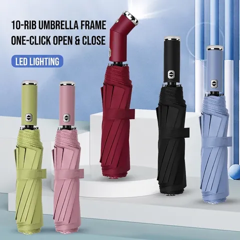 Parapluie Automatique 10 Baleines Avec Lampe De Poche LED Coupe-Vent Pliable Soleil Pluie Parapluie Inversé Grand Parasol De Voyage Pour Adultes