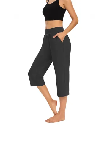 Damen Casual Caprihose Hohe Taille Locker Einfarbig Sport Yoga Hose Mit Taschen Elastisch Stretch Weich Lounge Hose