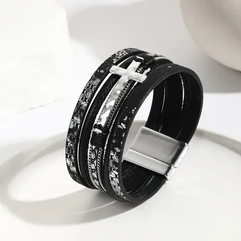 Bracciale Vintage in Pelle Sintetica Intrecciata Multistrato per Donna Ciondolo Croce in Lega Fibbia Magnetica Gioielli Avvolgenti