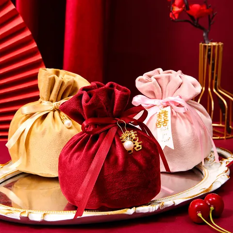 Bolsa de Regalo para Boda de Terciopelo con Cordón Redonda Bolsa de Caramelos con Lazo de Cinta Colgante de Doble Felicidad Perla para Fiesta de Boda