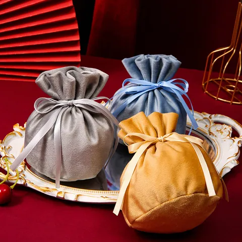 Bolsa de Regalo para Boda de Terciopelo con Cordón Redonda Bolsa de Caramelos con Lazo de Cinta Colgante de Doble Felicidad Perla para Fiesta de Boda