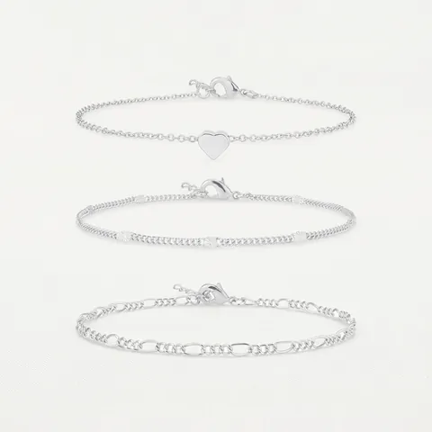 Brass Waterproof Cuban Link Anklet Set For Women Heart Pendant Figaro Chain Rhinestone Anklets Jewelry Birthday Gift
