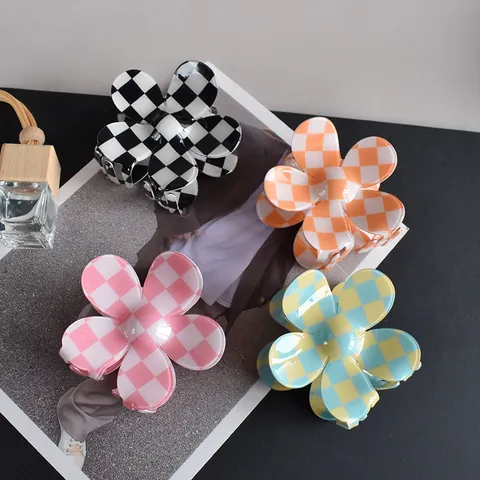 Checkerboard Hair Claw Clips Acrylic Checkered Shark Clips Flower Square Non Slip Hair Styling Accessories For Women Girls