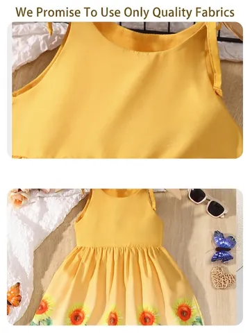 Mädchen Sommer Koreanischer Stil Baumwolle Sonnenblume Print Träger Prinzessin Kleid Gelb A-Linie Ärmellos Alltag Kinderkleid