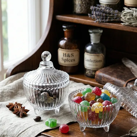Europees Vintage Transparant Kristalglas Snoeppot Met Deksel Minimalistisch Gedessineerde Strepen Decoratieve Opbergpot Voor Woonkamer