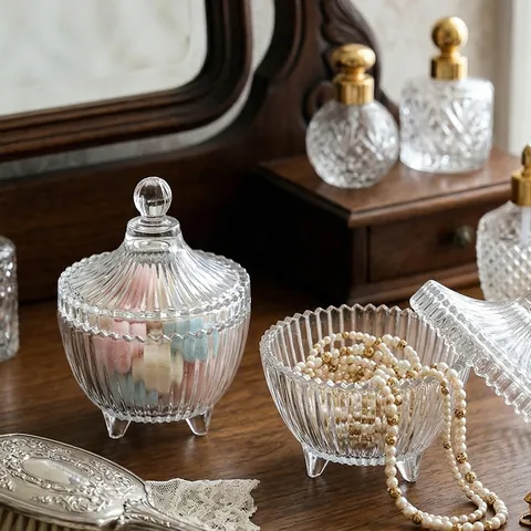 Europees Vintage Transparant Kristalglas Snoeppot Met Deksel Minimalistisch Gedessineerde Strepen Decoratieve Opbergpot Voor Woonkamer