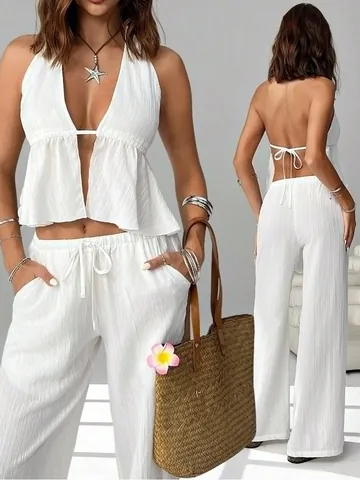 Conjunto de Dos Piezas para Mujer Halter con Espalda al Aire Chaleco y Pantalones de Pierna Ancha Sexy Color Sólido