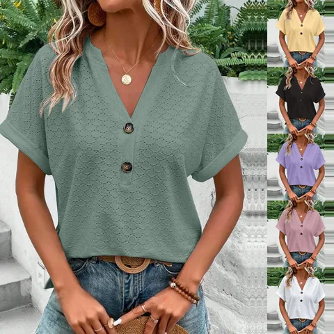 T-Shirt à Manches Courtes Décontracté Couleur Unie Col en V pour Femmes Avec Bouton Broderie Anglaise Top Ample Été
