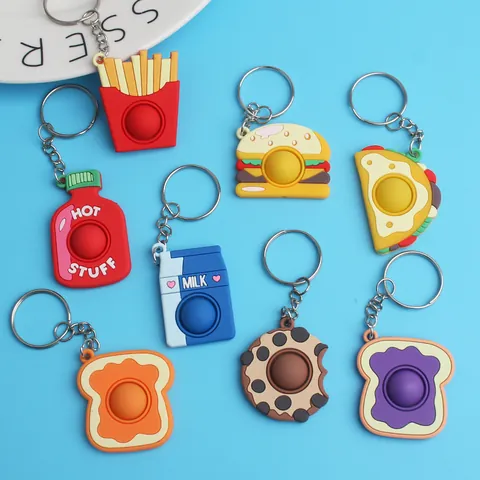 Porte-clés Pop It Forme Nourriture PVC Burger Frites Biscuit Bouteille Lait Sauce Jouet Anti-stress Décoration de Sac