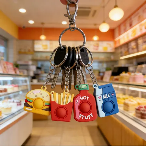 Porte-clés Pop It Forme Nourriture PVC Burger Frites Biscuit Bouteille Lait Sauce Jouet Anti-stress Décoration de Sac