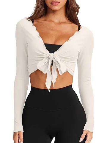 Haut Sexy pour Femmes Col en V Nœud Torsadé Coupe Ajustée Manches Longues Maille Côtelée Crop Top Couleur Unie Style Occidental
